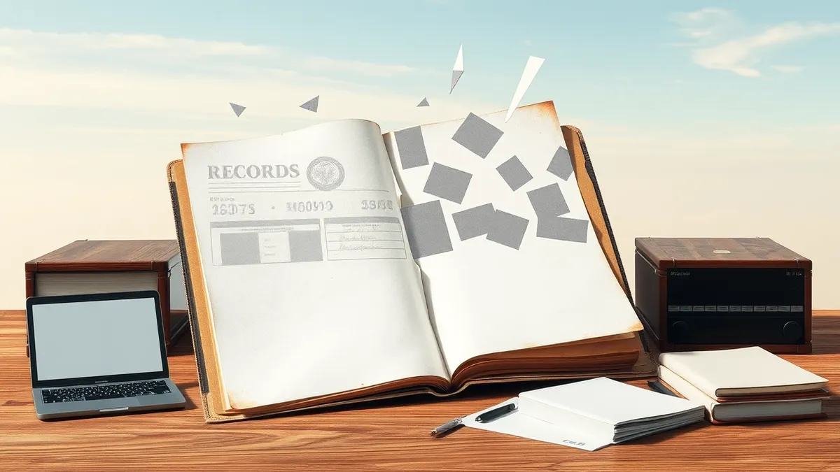 Illustration: A thick, dusty file folder sits open on a wooden desk, revealing blank white paper with abstract gray shapes representing old records.