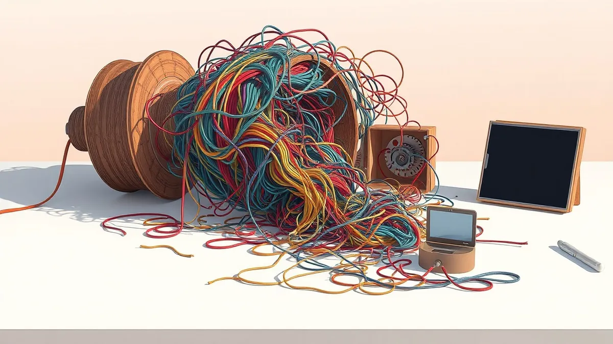 Illustration: A tangled mess of colorful threads spills from a broken wooden spool, unraveling into a chaotic pile on a clean desk.