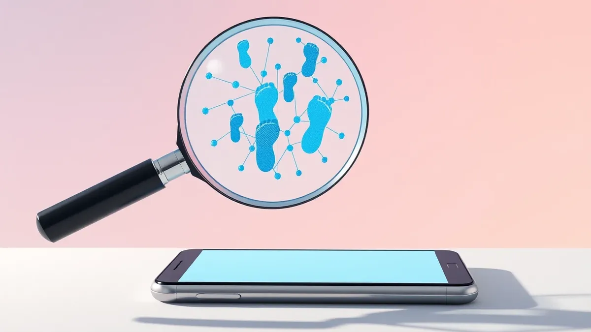 Illustration: A magnifying glass hovers over a blank smartphone screen, enlarging abstract blue network nodes and connection lines.