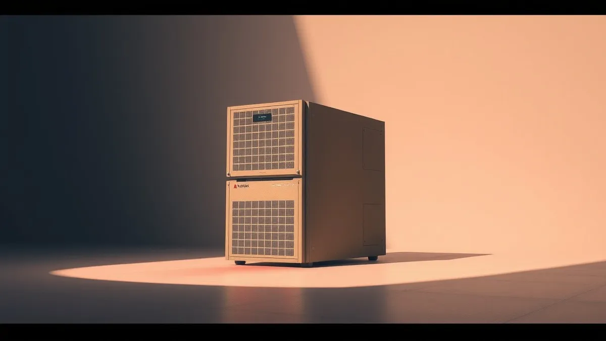 Illustration: A dusty, beige rack-mounted server sits alone in a dim room, its front panel lights flickering erratically.