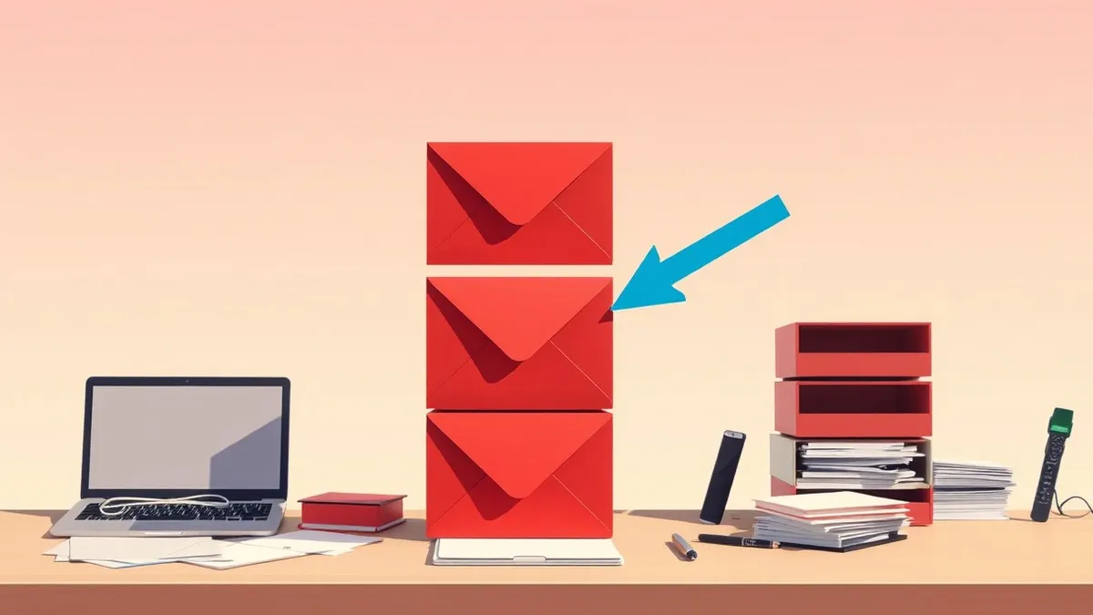 Illustration: A messy desk holds three identical red envelopes stacked vertically.
