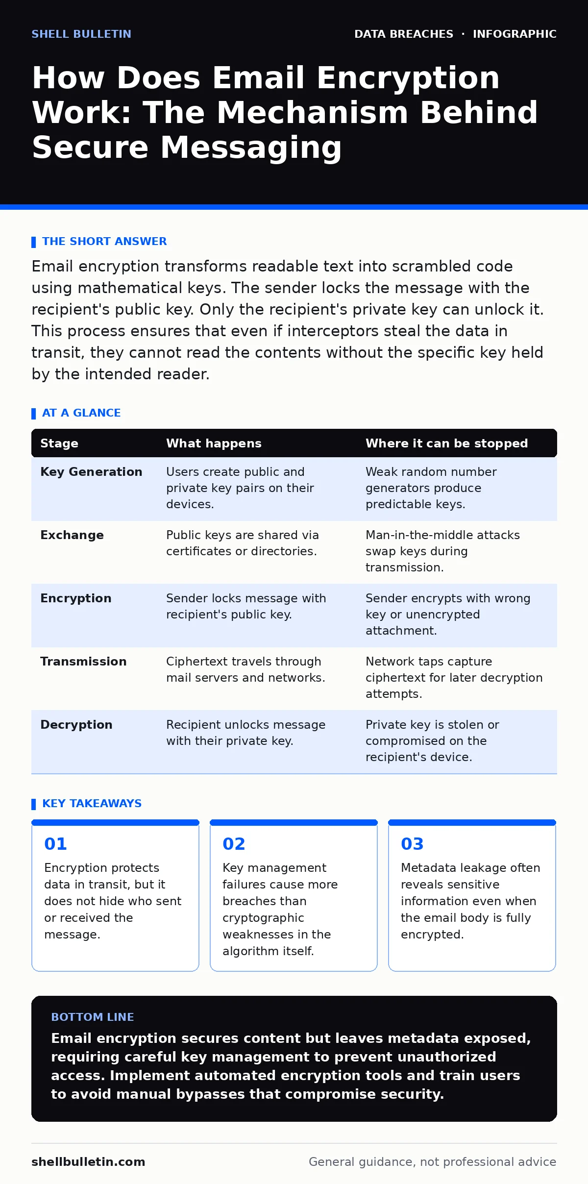 Infographic: How Does Email Encryption Work: The Mechanism Behind Secure Messaging. Encryption protects data in transit, but it does not hide who sent or received the message. Key management failures cause more breaches than cryptographic weaknesses in the algorithm itself. Metadata leakage often re