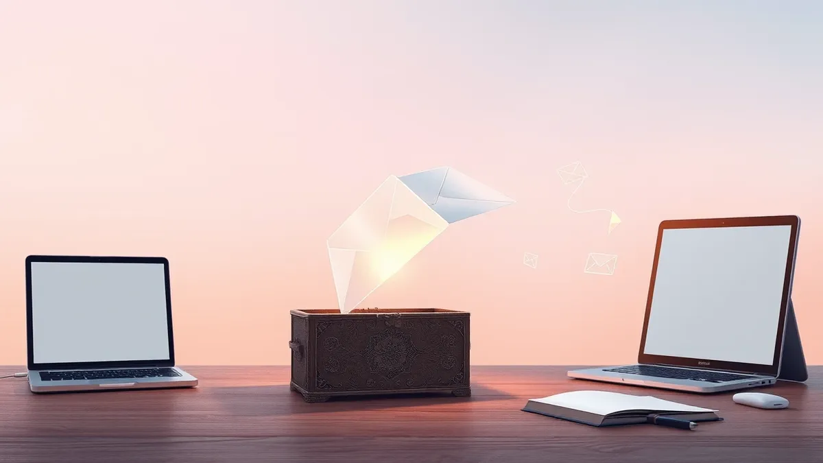 Illustration: A translucent envelope floats in mid-air, its contents visibly split into glowing geometric shards that drift apart.