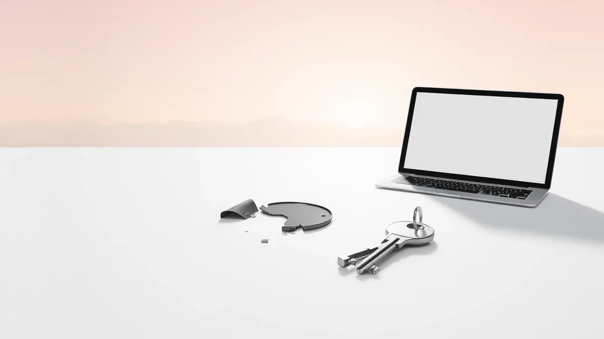 Illustration: A cracked digital signature seal lies on a sterile white surface next to a sleek silver key.