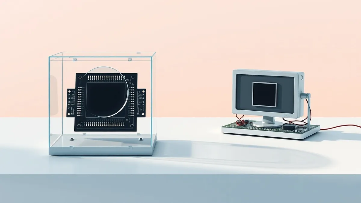 Illustration: Two identical black computer chips sit on a stark white table.
