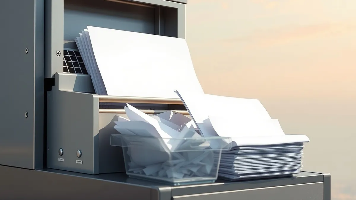 Illustration: A large industrial shredder chews through blank white paper sheets.
