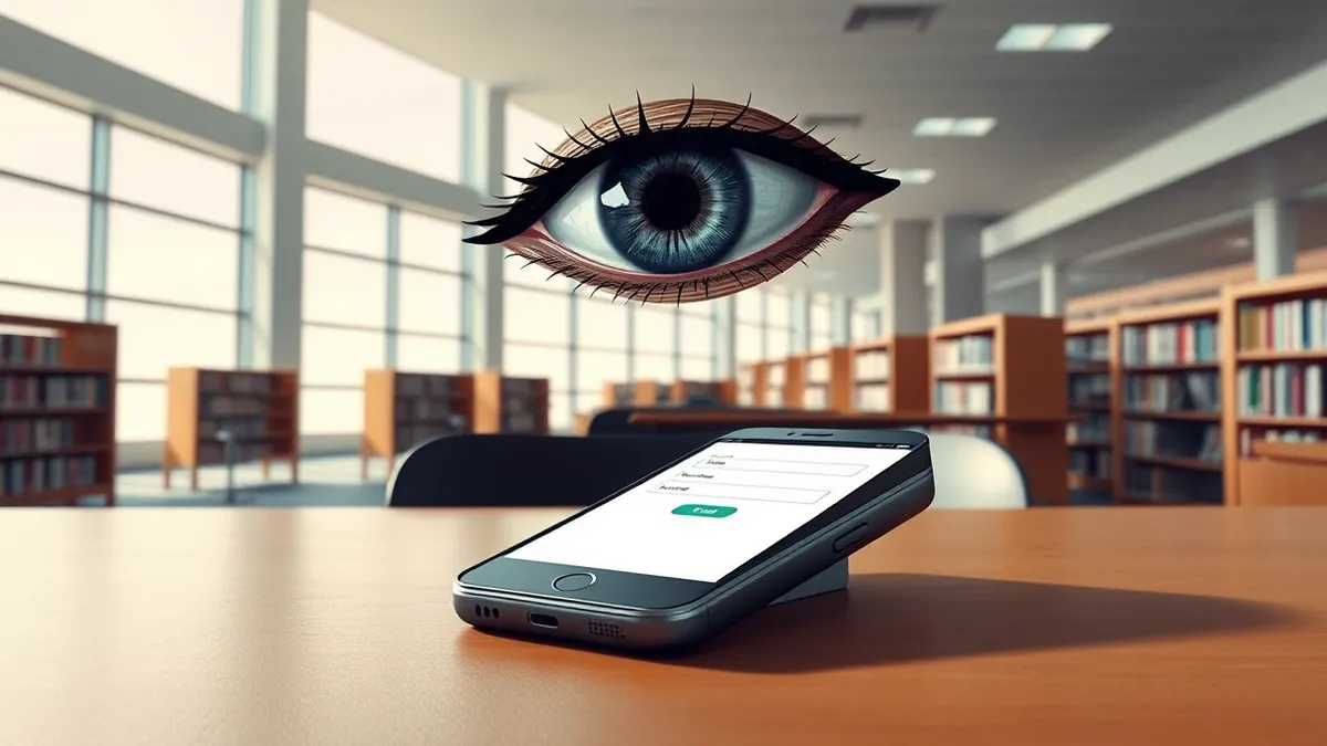 Illustration: A smartphone rests on a public library table, its screen displaying a blank login form.