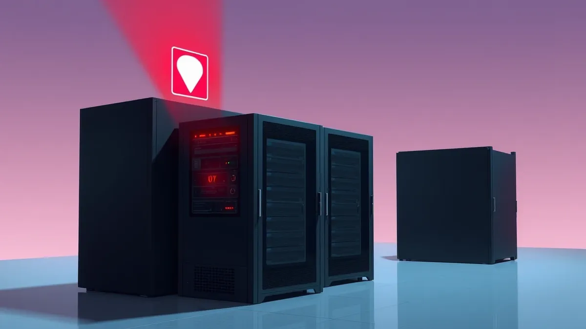 Illustration: A sleek black server rack sits in a dim server room.