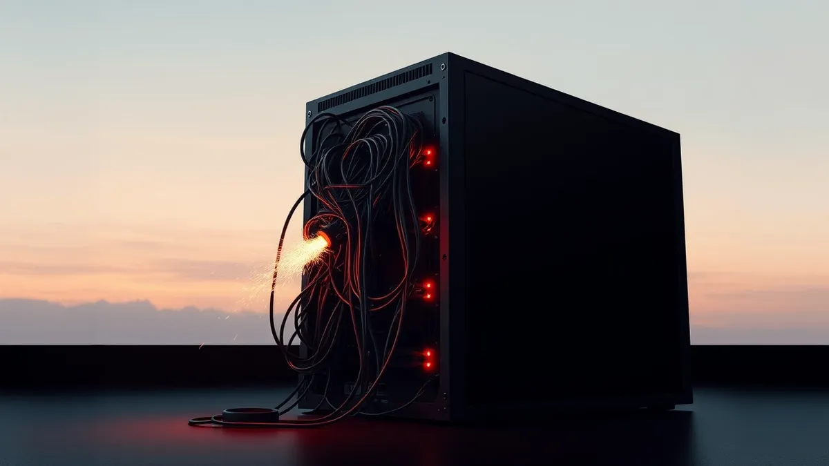 Illustration: A sleek black server tower sits in a dim room, its rear ports clogged with tangled cables that strain against the chassis.