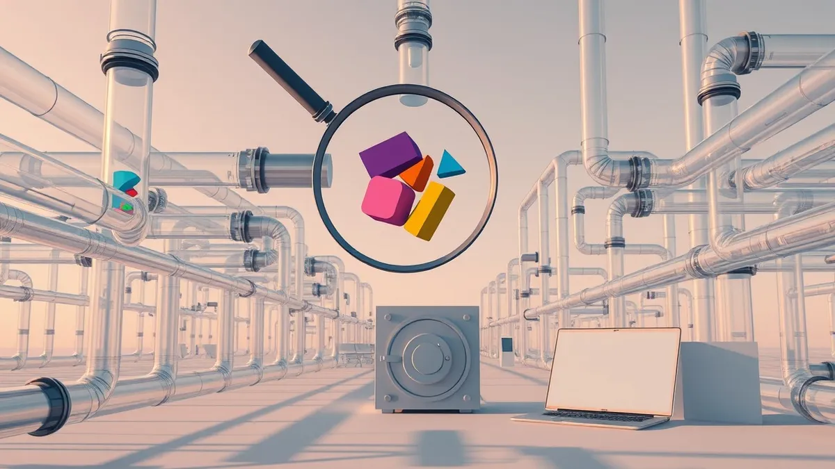 Illustration: Transparent glass tubes carry colorful geometric shapes through a tangled network of pipes.