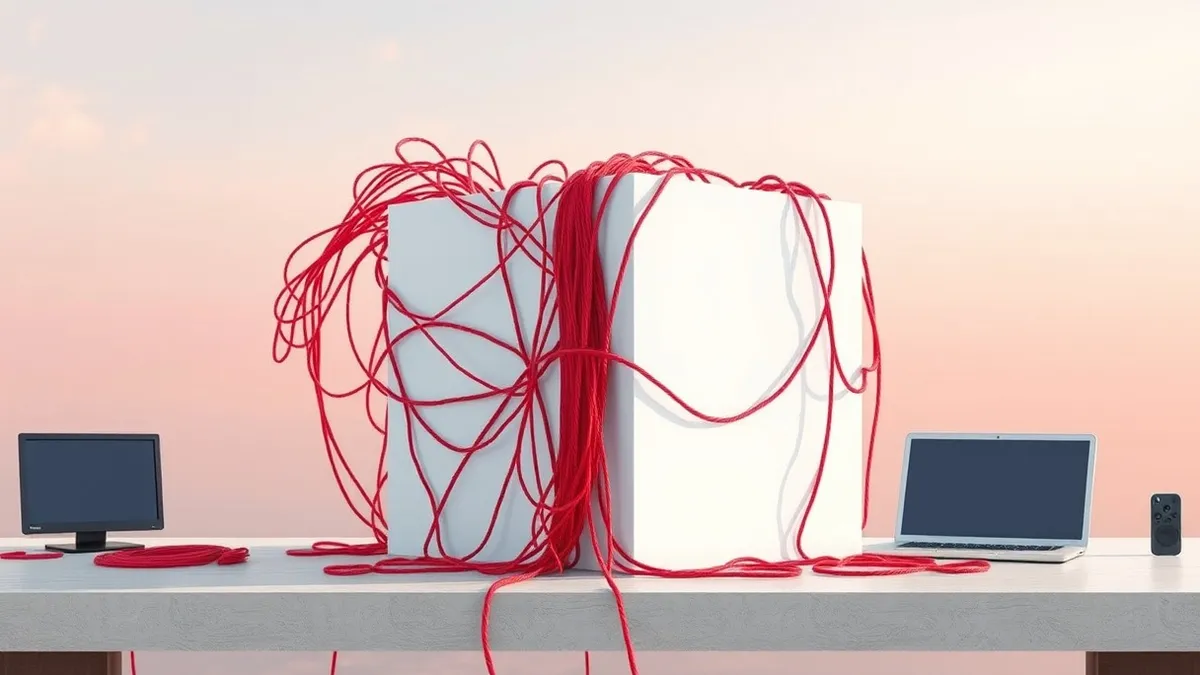 Illustration: A tangled mess of red yarn wraps around a pristine white cube on a clean workbench.