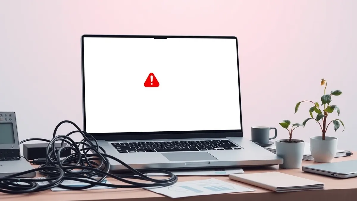 Illustration: A sleek silver laptop sits on a cluttered desk, its screen displaying a blank code editor with a single red warning icon hovering over a folder icon.