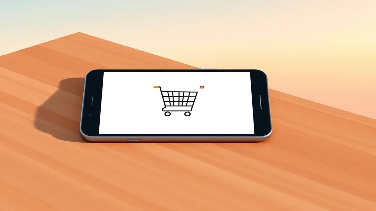 Illustration: A sleek smartphone rests on a wooden table, displaying a shopping cart interface with a single item inside.