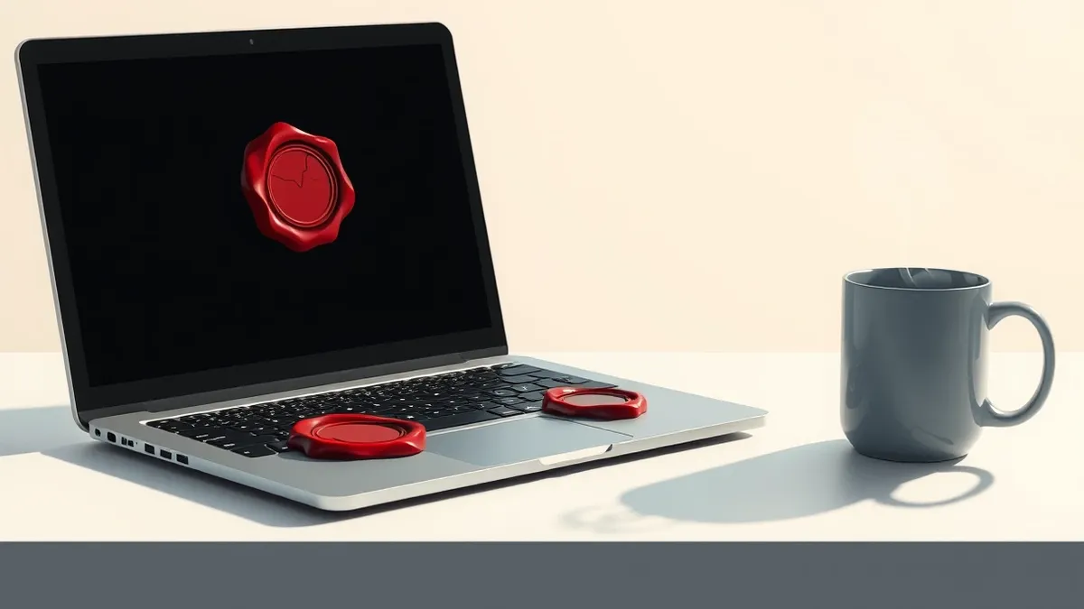 Illustration: A sleek black computer sits on a clean white desk beside a steaming coffee mug.