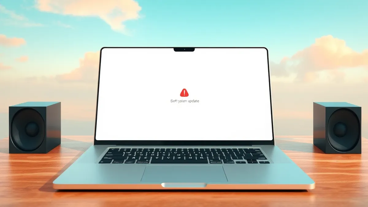 Illustration: A sleek silver laptop sits open on a wooden desk, its screen displaying a clean, abstract interface with soft geometric shapes.