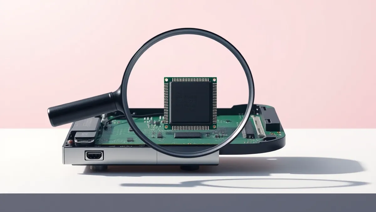 Illustration: A disassembled electronic device rests on a clean workbench, exposing the tiny black memory chip on its green circuit board.