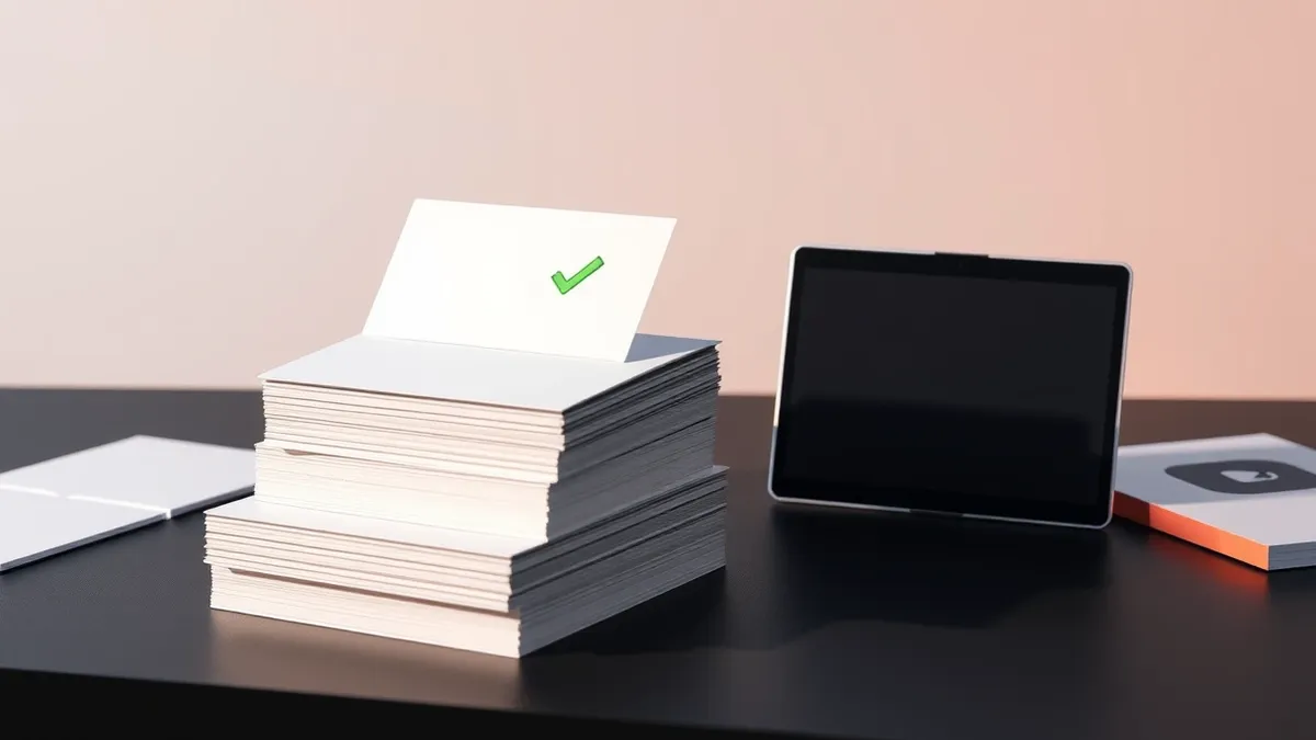 Illustration: A neat stack of white index cards sits on a dark desk, each card displaying a simple red arrow pointing to a blue shield icon.