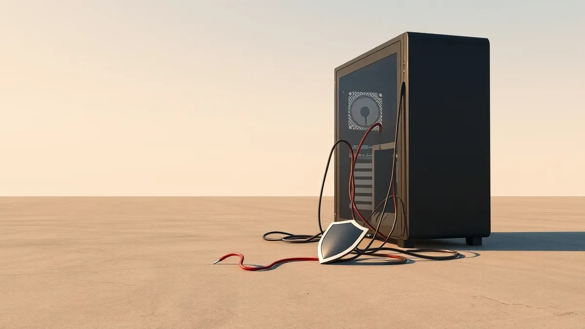 Illustration: A generic black computer tower sits on a concrete floor with tangled cables spilling out.