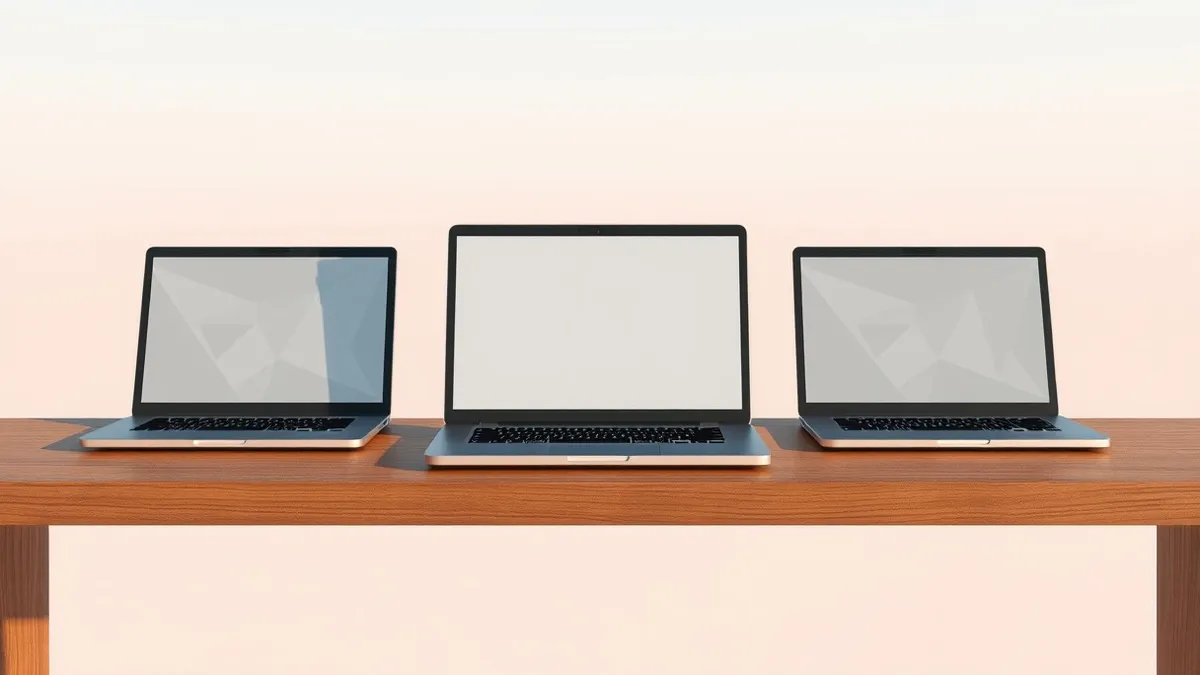 Illustration: A wooden desk holds three identical laptop computers.