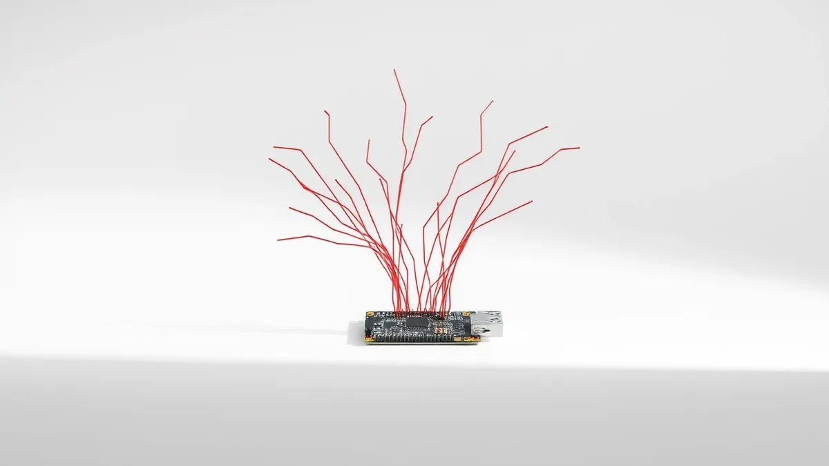Illustration: A small embedded circuit board sits isolated against a stark white background.