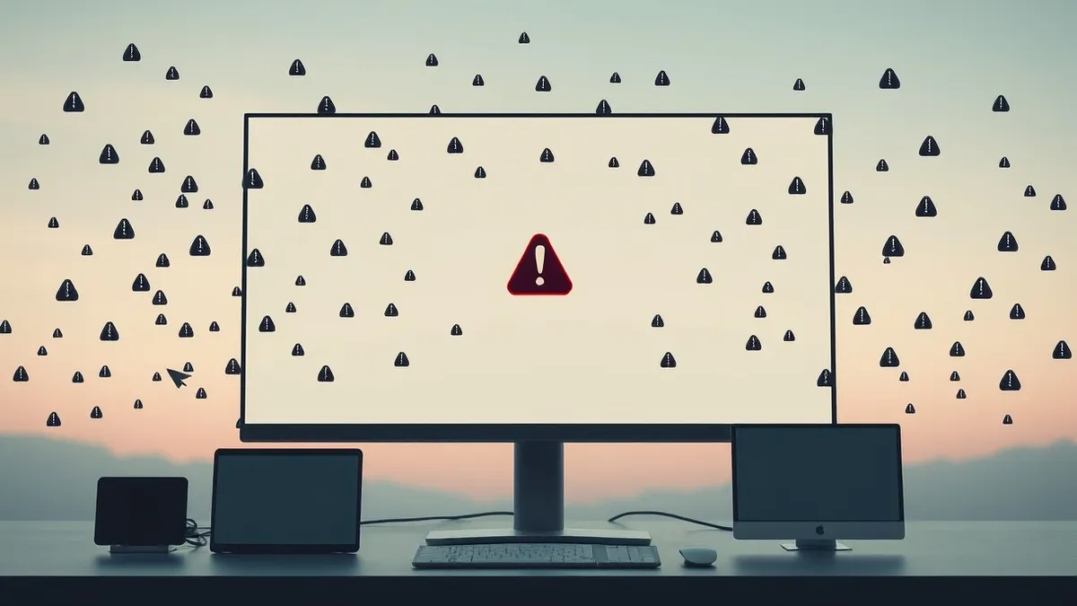 Illustration: A single alert icon floats in the center of a blank monitor screen.