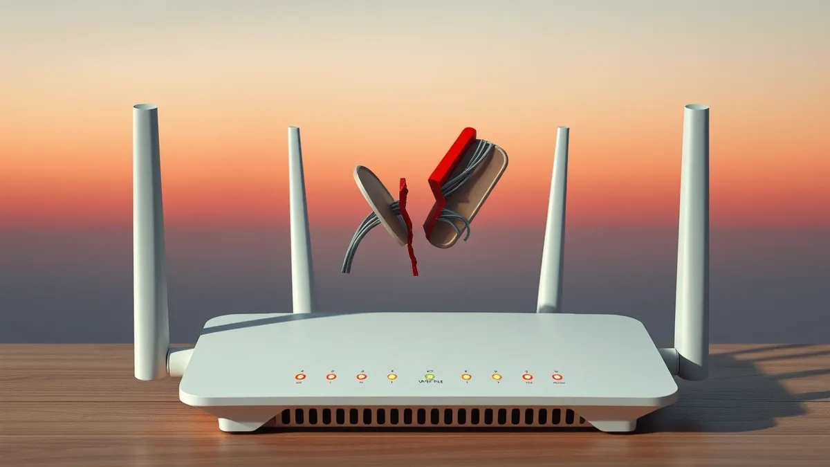 Illustration: A white Wi-Fi router sits on a wooden desk, its indicator lights blinking erratically.