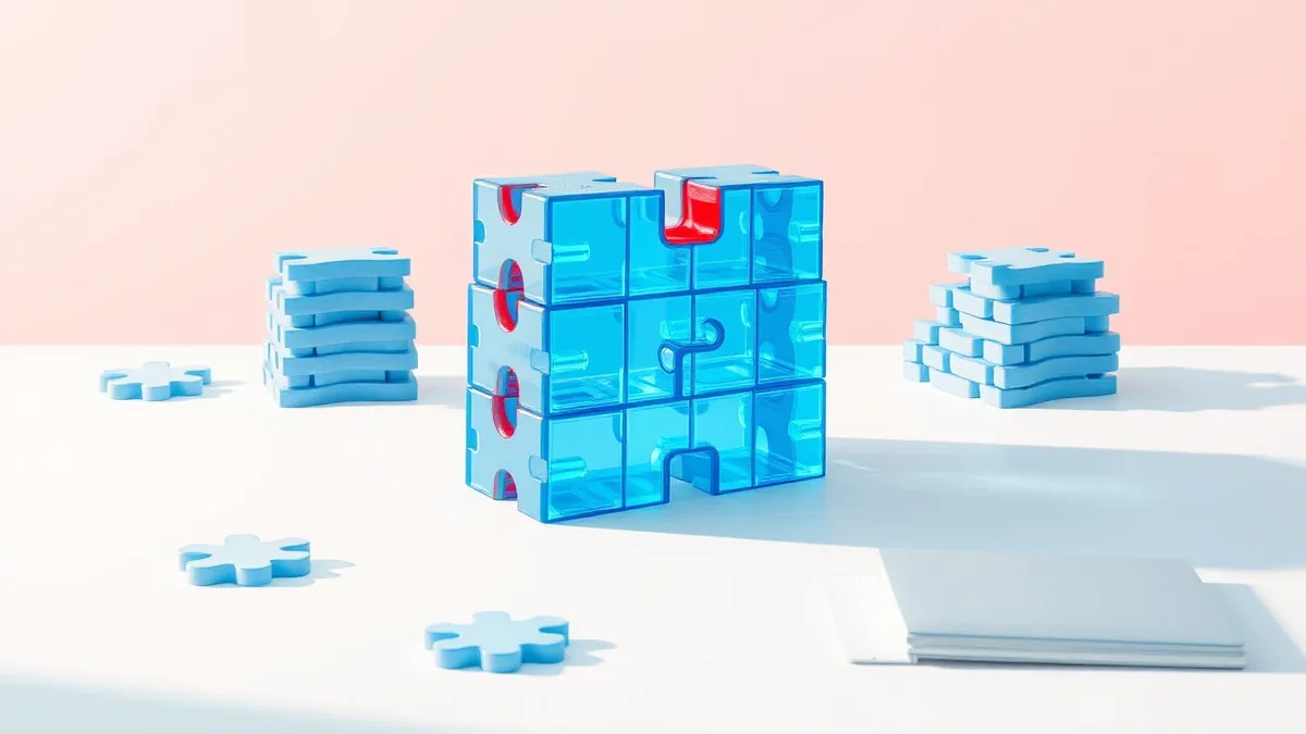 Illustration: A stack of translucent blue puzzle pieces sits on a clean white desk.