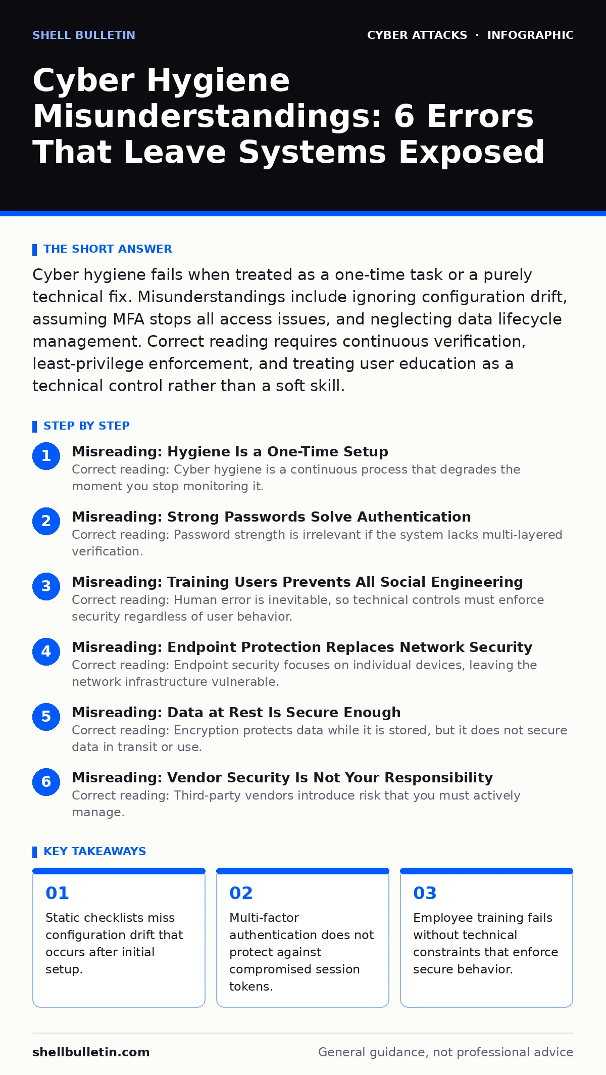 Infographic: Cyber Hygiene Misunderstandings: 6 Errors That Leave Systems Exposed. Static checklists miss configuration drift that occurs after initial setup. Multi-factor authentication does not protect against compromised session tokens. Employee training fails without technical constraints that e