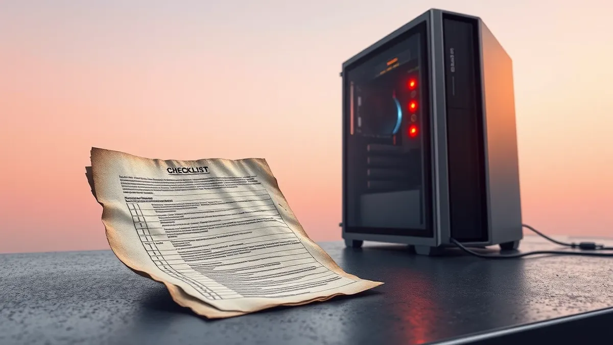 Illustration: A dusty, cracked checklist lies abandoned on a metal desk beside a sleek, humming computer tower.