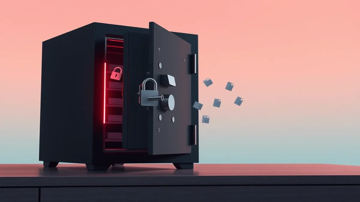Illustration: A sleek black digital vault sits on a wooden desk, its metallic door slightly ajar.