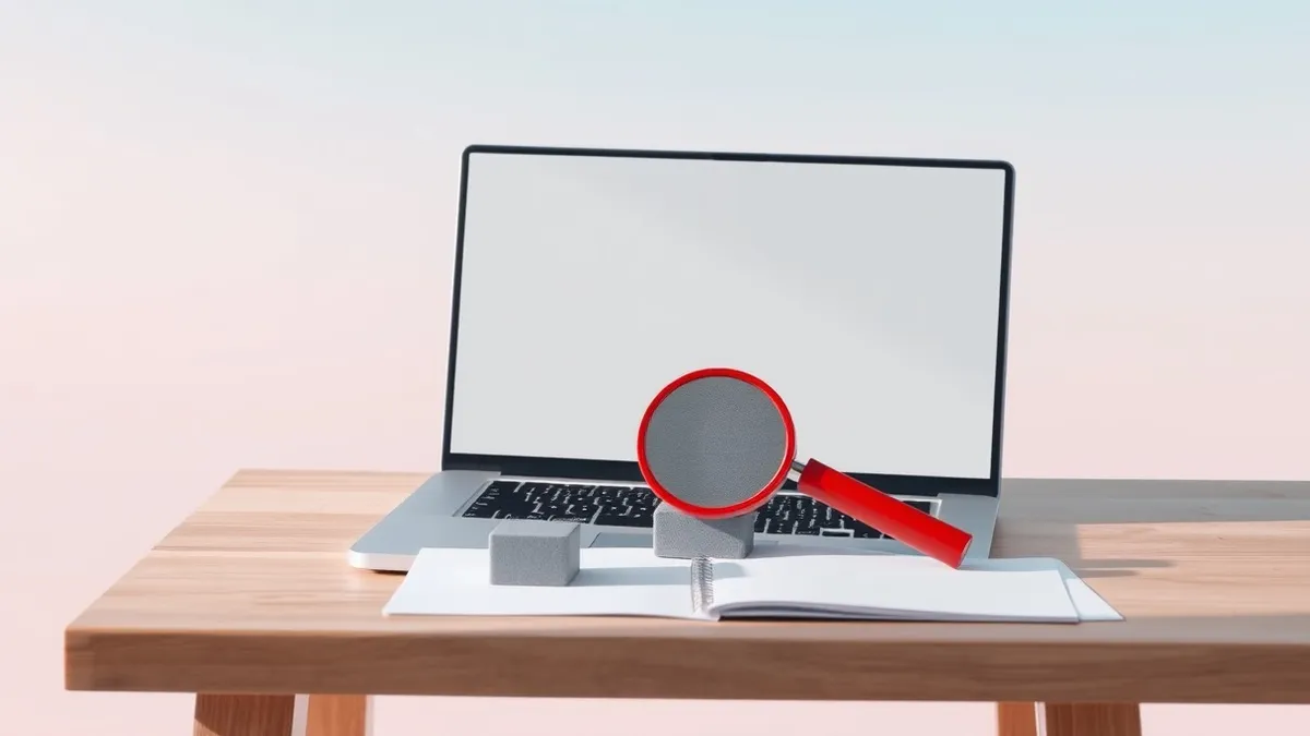 Illustration: A small wooden desk holds an open laptop with a blank white screen.