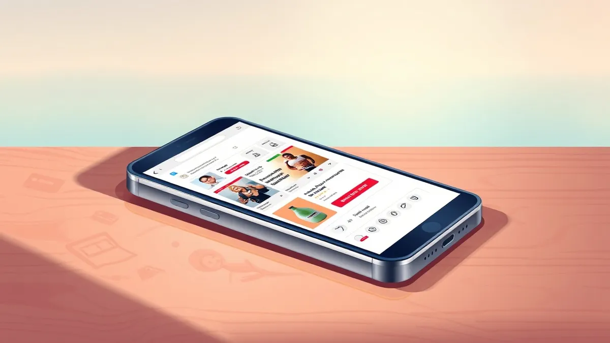 Illustration: A smartphone lies on a wooden table, its screen displaying a social media feed with several bright, flashy advertisement cards that look like scams.