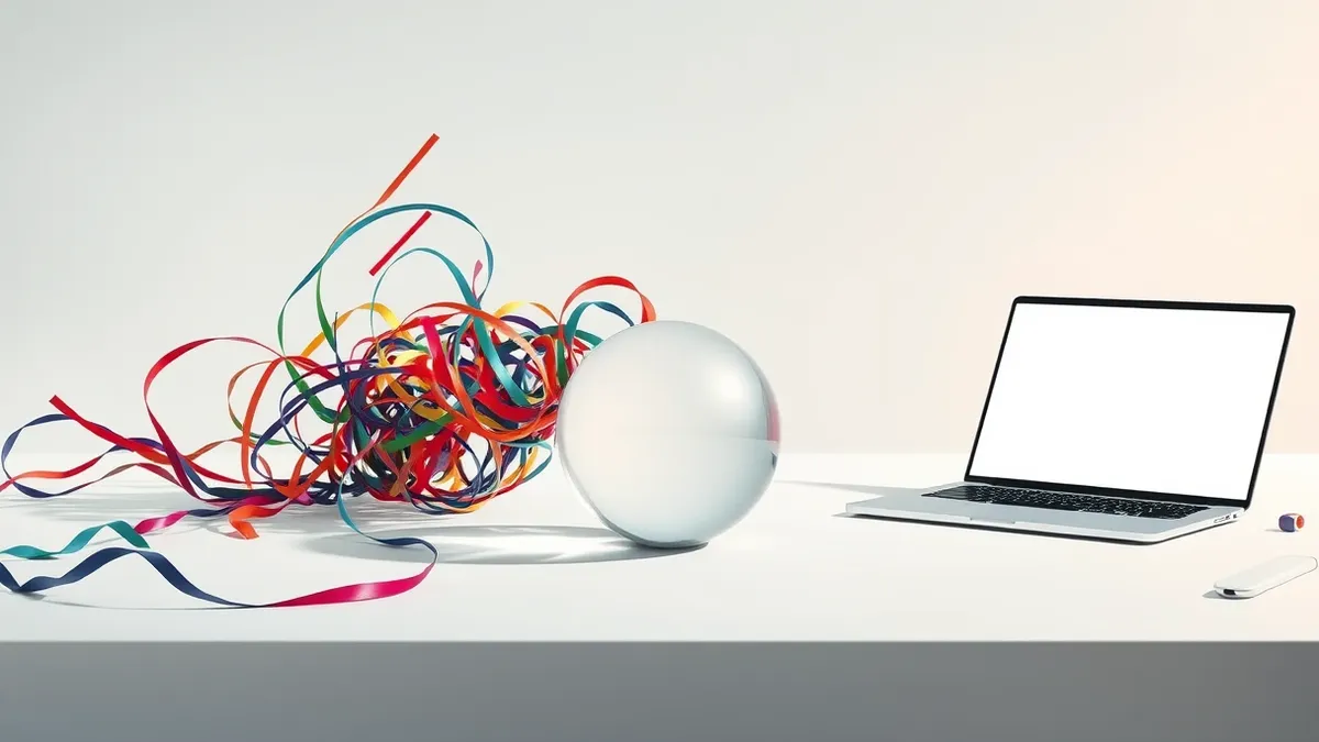 Illustration: A tangled knot of colorful ribbons unravels into sharp, jagged shards on a clean white desk.
