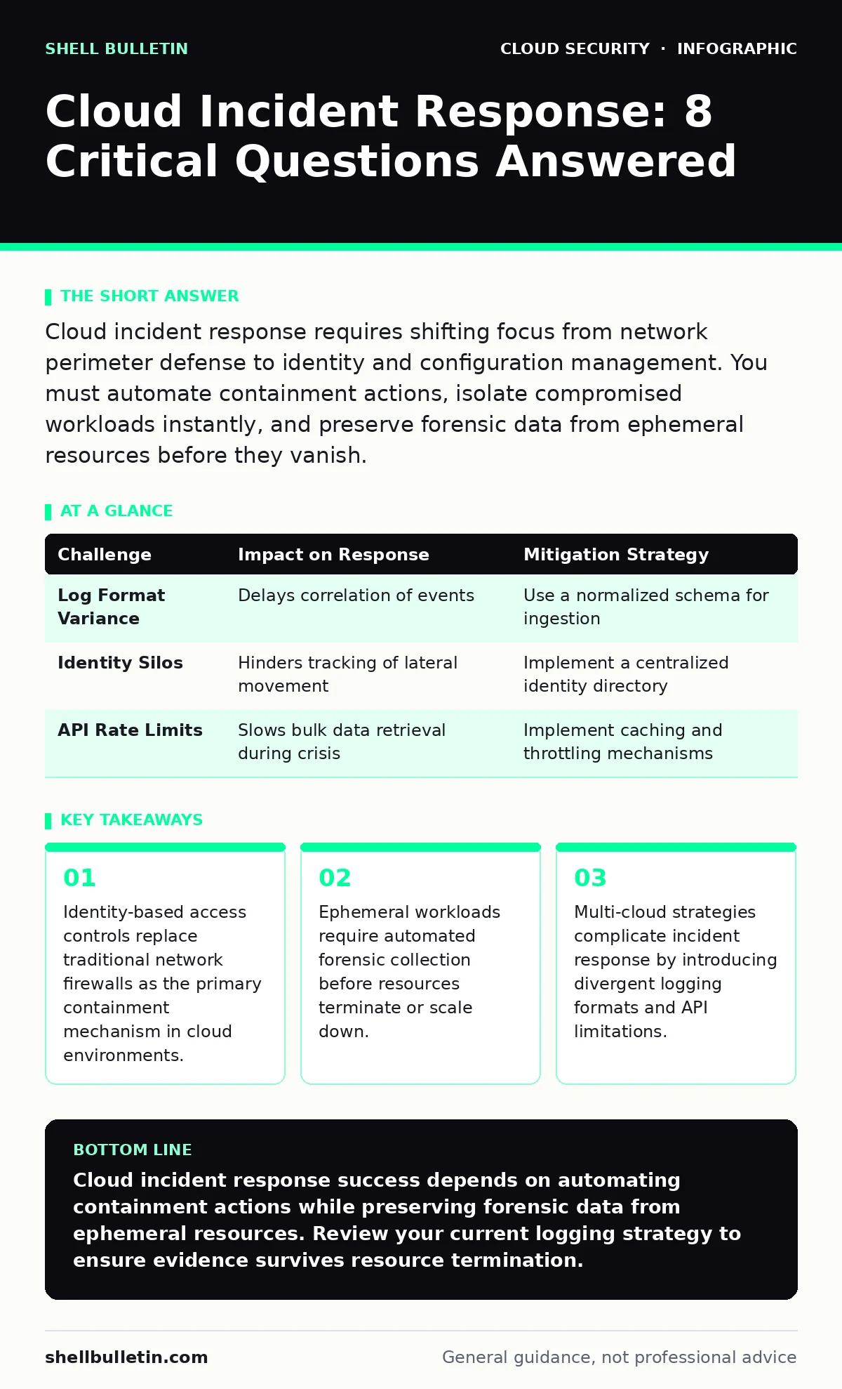 Infographic: Cloud Incident Response: 8 Critical Questions Answered. Identity-based access controls replace traditional network firewalls as the primary containment mechanism in cloud environments. Ephemeral workloads require automated forensic collection before resources terminate or scale down. Mu
