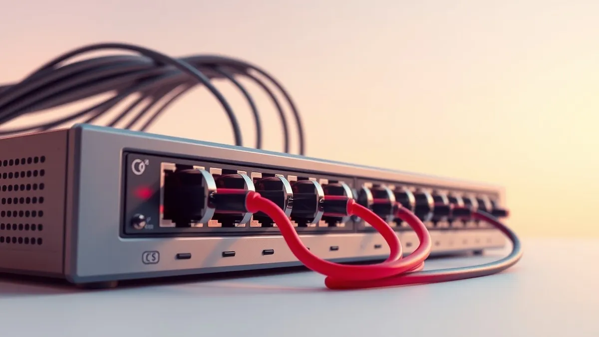 Illustration: A sleek network switch sits on a clean desk, its cables neatly organized into distinct color-coded bundles.