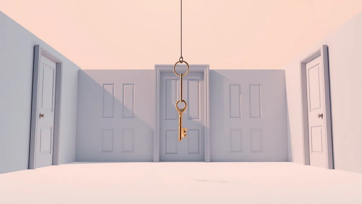 Illustration: A single key hangs on a thin string, swinging toward a row of identical, closed doors.