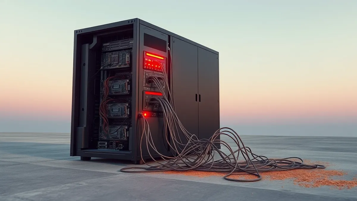 Illustration: A sleek black server unit sits on a concrete floor with its side panel removed, exposing intricate circuit boards.