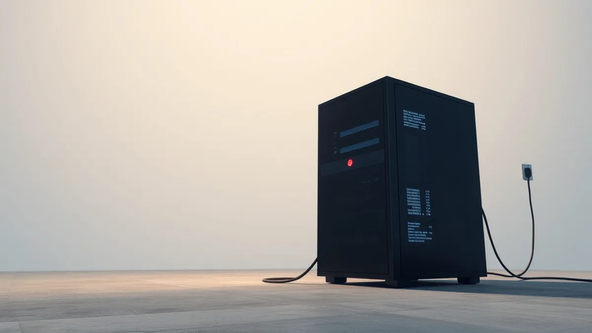 Illustration: A sleek black server tower sits isolated on a concrete floor, its metal casing glowing with faint blue cooling lights.