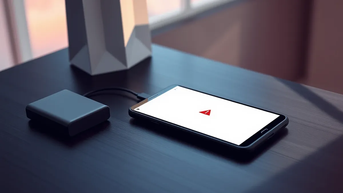 Illustration: A sleek black smartphone rests on a dark wooden table, its screen displaying a blank white webpage with a single red warning triangle.
