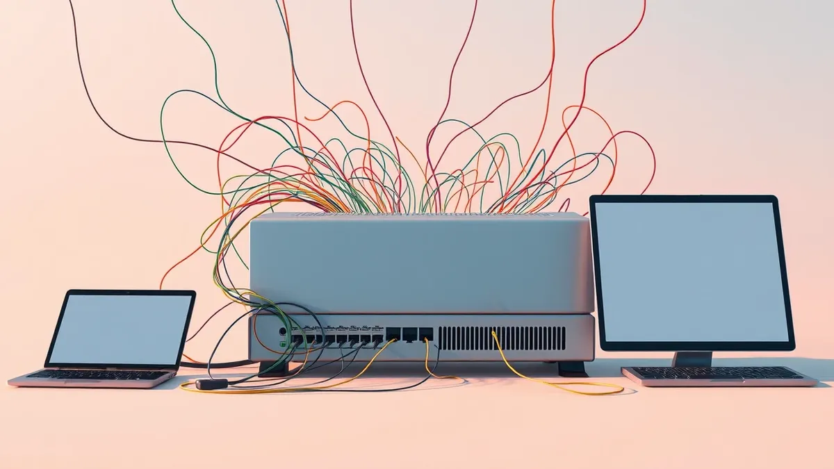 Illustration: A tangled web of colorful digital threads connects to a sleek, metallic network router.