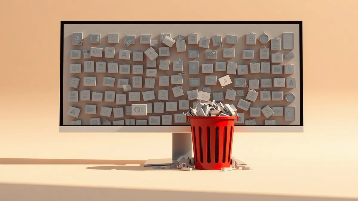 Illustration: A computer monitor displays a desktop cluttered with numerous identical, identical gray icons representing adware.