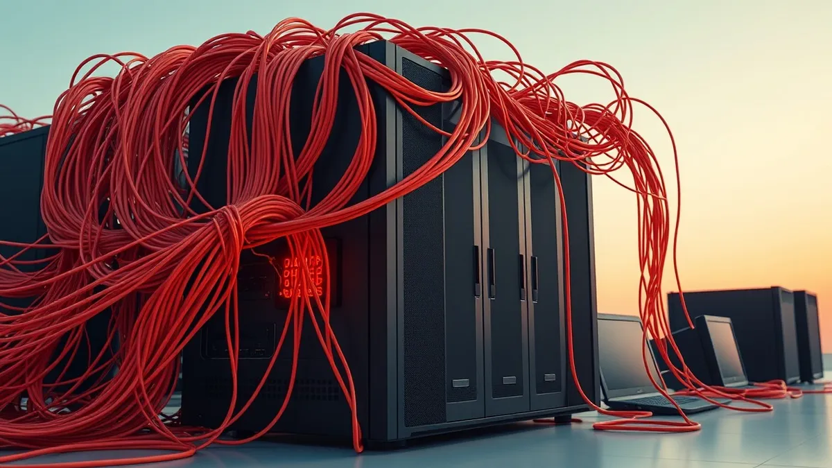 Illustration: A tangled web of glowing orange cables pulses violently, choking the airflow around a sleek, black storage enclosure.
