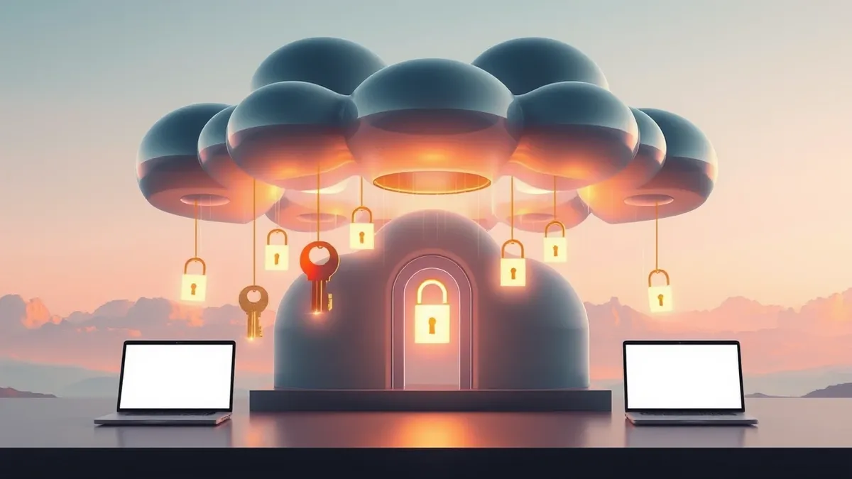 Illustration: A sleek, metallic cloud structure floats above a digital landscape.