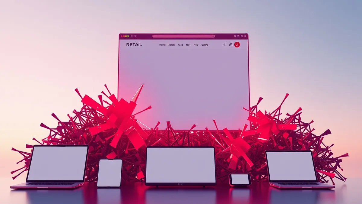 Illustration: A sleek retail website interface floats above a tangled mass of glowing red code snippets.