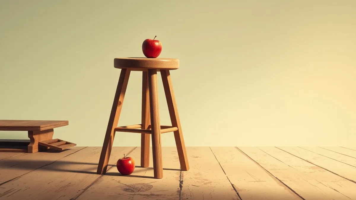 Illustration: A three-legged stool sits on a dusty workshop floor with its legs uneven in length.