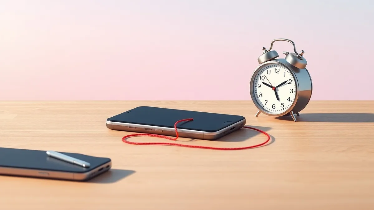 Illustration: A sleek smartphone rests on a clean wooden desk, its screen dark and inactive.