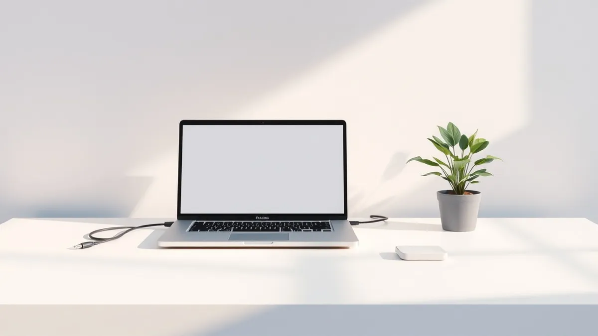 Illustration: A clean desk holds a single laptop with a blank screen and a simple cable organizer keeping wires neatly coiled.