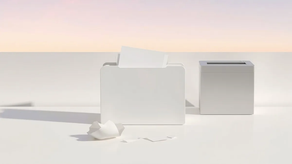 Illustration: A single blank file folder rests on a clean desk next to a small shredder.