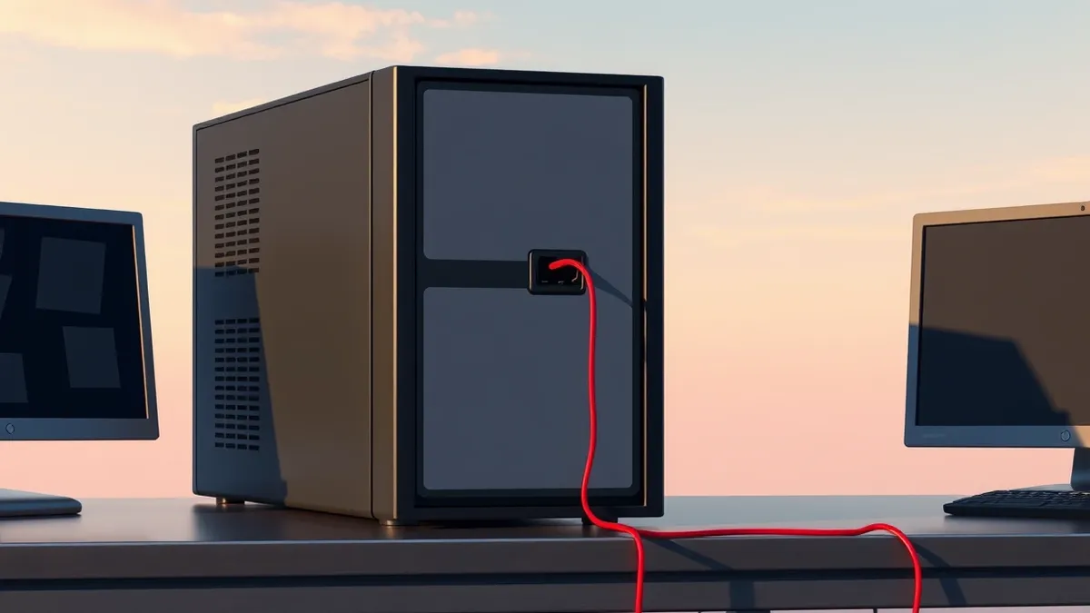 Illustration: A sleek black server unit sits on a metal desk, its front panel displaying blank abstract geometric shapes.