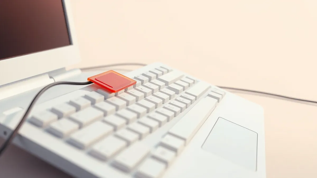 Illustration: A small red plastic patch sits on the edge of a white computer keyboard.